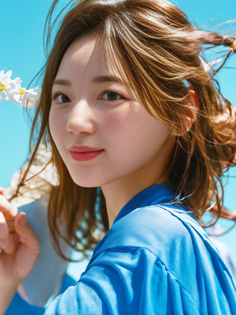 Tabletop, Highest quality, figure, Super detailed, In detail, High resolution, 8k wallpaper, Cute woman、 Perfect dynamic composition, Beautiful attention to detail, suit, Natural Lip, Natural Hair, Sky blue background