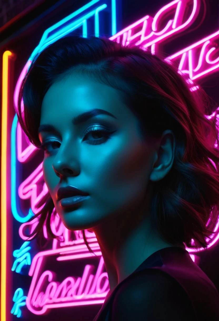Side face silhouette,Shadow of beautiful woman under neon sign,Huge neon signboard,(Neon sign with text:1.5)