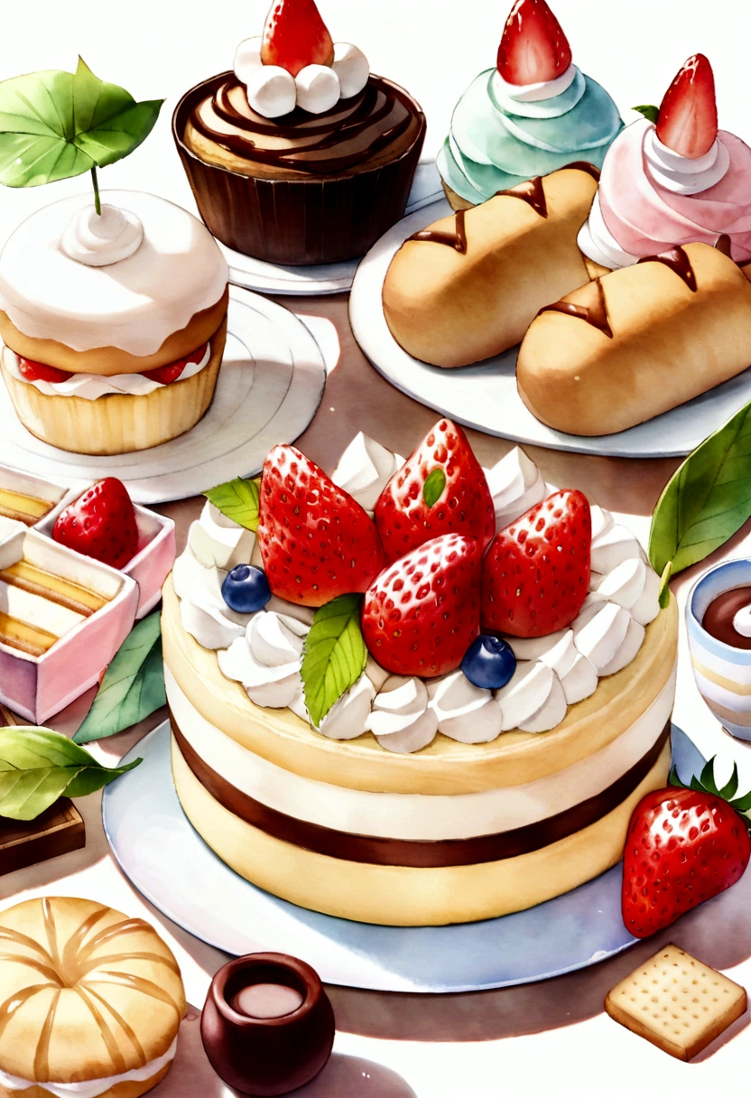 (pastel colors:1.2)、(Cute illustrations:1.2)、(watercolor painting:1.2)、White background、Floral、Green Leaf、strawberry, orange, fruit、shortbread、citric acid、acid、甘acidっぱい、Overall light pinkish green,,,、Nonsense、Bread、cooking、Cup cake、Tiramisu、Cream cake、candy、afternoon tea、Sweet、Light Particles、drink、ice cube、still life photography