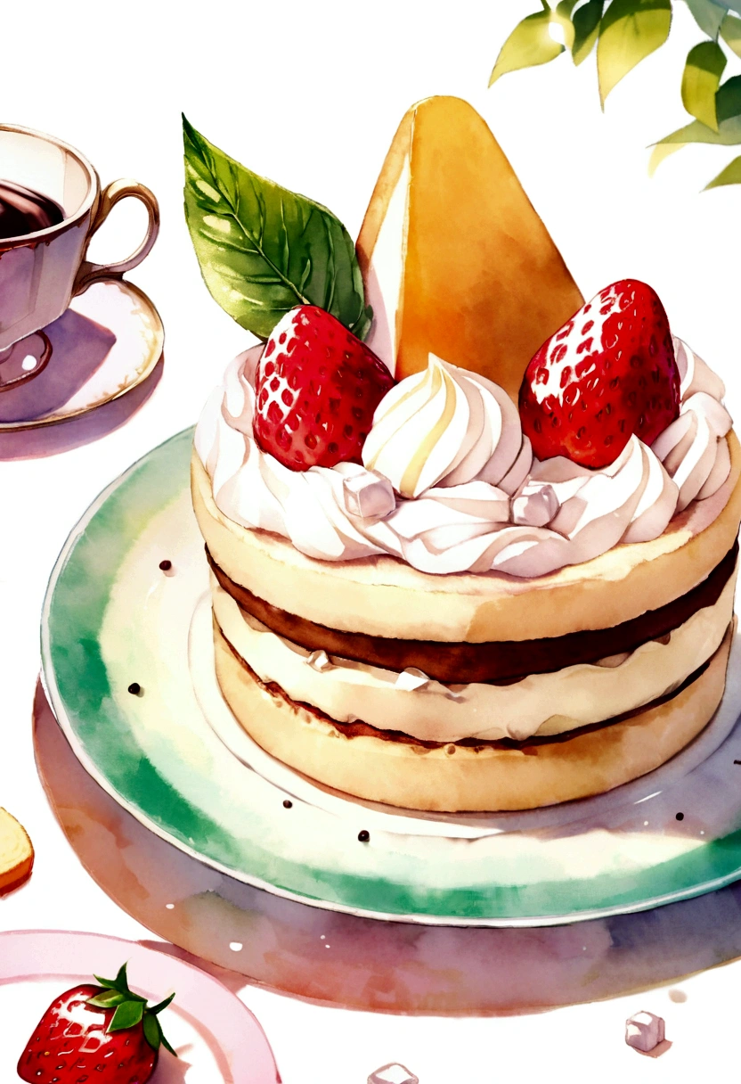 (pastel colors:1.2)、(Cute illustrations:1.2)、(watercolor painting:1.2)、White background、Floral、Green Leaf、strawberry, orange, fruit、shortbread、citric acid、acid、甘acidっぱい、Overall light pinkish green,,,、Nonsense、Bread、cooking、Cup cake、Tiramisu、Cream cake、candy、afternoon tea、Sweet、Light Particles、drink、ice cube、still life photography