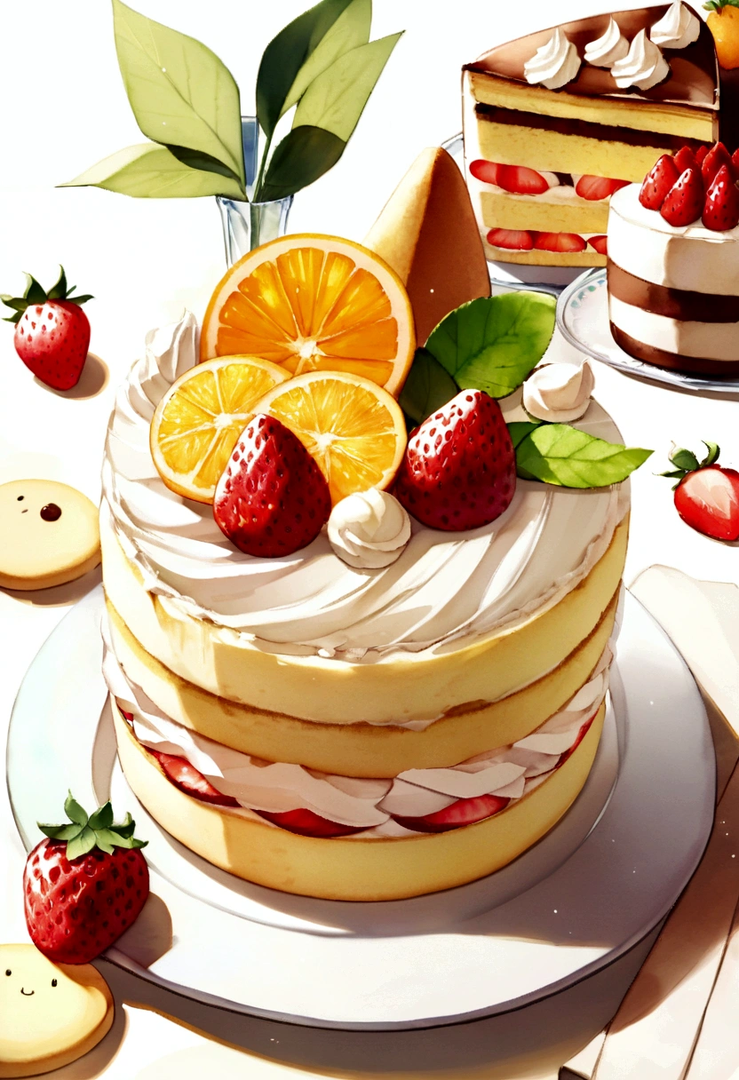 (pastel colors:1.2)、(Cute illustrations:1.2)、(watercolor painting:1.2)、White background、Floral、Green Leaf、strawberry, orange, fruit、shortbread、citric acid、acid、甘acidっぱい、Overall light pinkish green,,,、Nonsense、Bread、cooking、Cup cake、Tiramisu、Cream cake、candy、afternoon tea、Sweet、Light Particles、drink、ice cube、still life photography