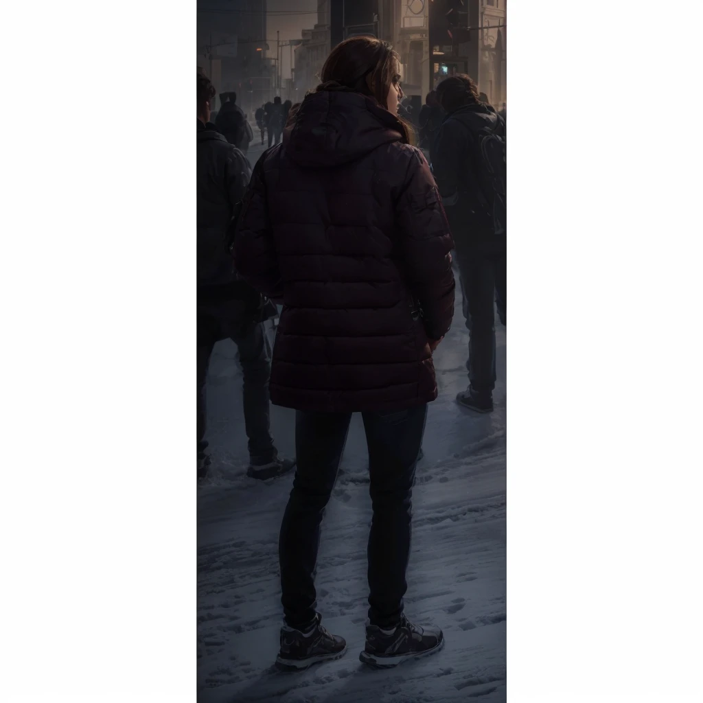 In a city in Europe, a woman standing with her back turned, brown hair, wearing a red wine winter jacket, jeans and sneakers. Photorealism, full view, highly detailed image, very realistic, hyperrealism, Ultra HD, 8k, 5, sharp focus, intricate and mysterious masterpiece. (Long exposure photography Very detailed close-up portrait artistic illustration: final quality, medium shot, backlight, Rich and striking. Enigmatic and mysterious manipulations (composition of the rule of thirds), ((detailed environment with strong lines) Lo best quality, in camera, white light, warm and clean aesthetics, dazzling screen composed of millions of brilliant ultraviolet rays, HDR.