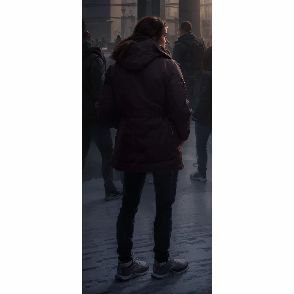 In a city in Europe, a woman standing with her back turned, brown hair, wearing a red wine winter jacket, jeans and sneakers. Photorealism, full view, highly detailed image, very realistic, hyperrealism, Ultra HD, 8k, 5, sharp focus, intricate and mysterious masterpiece. (Long exposure photography Very detailed close-up portrait artistic illustration: final quality, medium shot, backlight, Rich and striking. Enigmatic and mysterious manipulations (composition of the rule of thirds), ((detailed environment with strong lines) Lo best quality, in camera, white light, warm and clean aesthetics, dazzling screen composed of millions of brilliant ultraviolet rays, HDR.