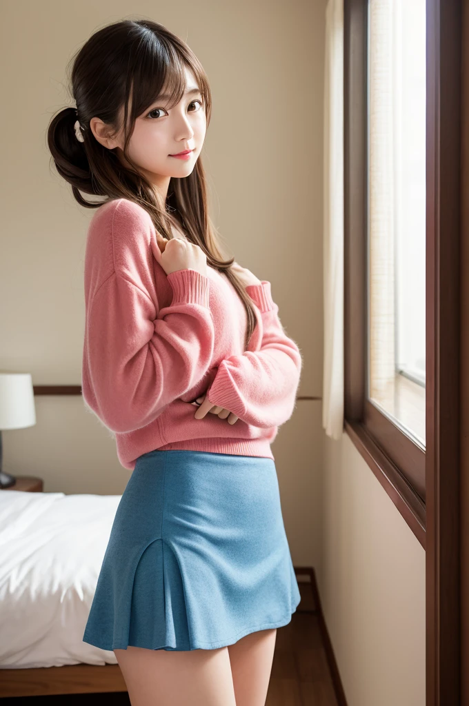Japanese,Youthful, vibrant, elegant,upper body,Soft, natural lighting,moody bed room or studio with a natural backdrop,Bright and lively colors,focus on the hairstyle and facial features,Gentle and inviting expression,Contemporary fashion style,Lifting your mini skirt to show your panties