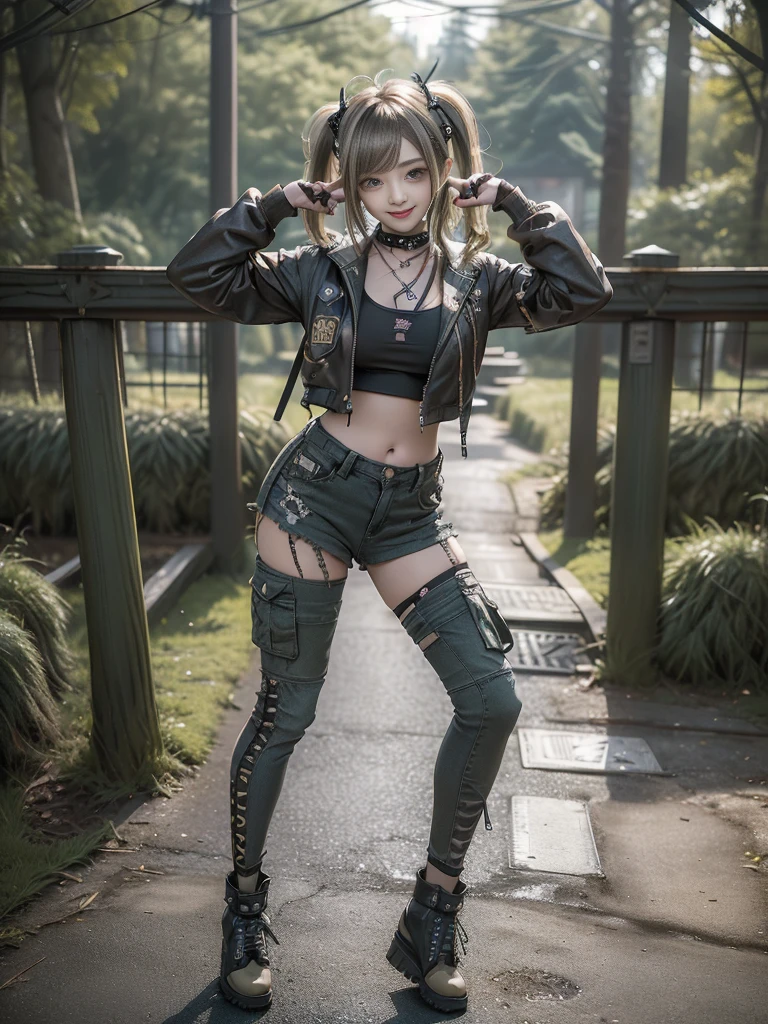 (Hostess:1.3)、(Smiling with teeth showing:1.3),(Shibuya Gal:1.5)、(Landmine Girl:1.4)、(Lolita Fashion:1.5)、(Punk RockVisual Kei:1.4)、(A modern short jacket in dark grey and moss green.:1.5)、(Tattered brown and charcoal denim low rise cargo pants:1.5)、(Mustard Yellow Headband:1.3)、(Charcoal and khaki striped knee socks:1.4)、collar、(Brown platform long boots)、(Clothing with logo pattern:1.4)、20-year-old、Browsing Caution,((Highest quality、In 8K、masterpiece:1.3))、Sharp focus:1.2、(Layered Cut、Huge breasts:1.1),Beautiful woman with perfect figure:1.4、(Doing an aerobics pose:1.3)、Slim Abs:1.2、Butt、Highly detailed face and skin texture、Fine grain、double eyelid,(Twin tails:1.3)、(Brownish golden hair:1.3)、Obscene、Idol Sculpture、(The landscape is a beautiful temple of water and forest:1.3)、(Slimming your legs:1.4)、(The body is slim:1.3)、(clavicle:1.1)