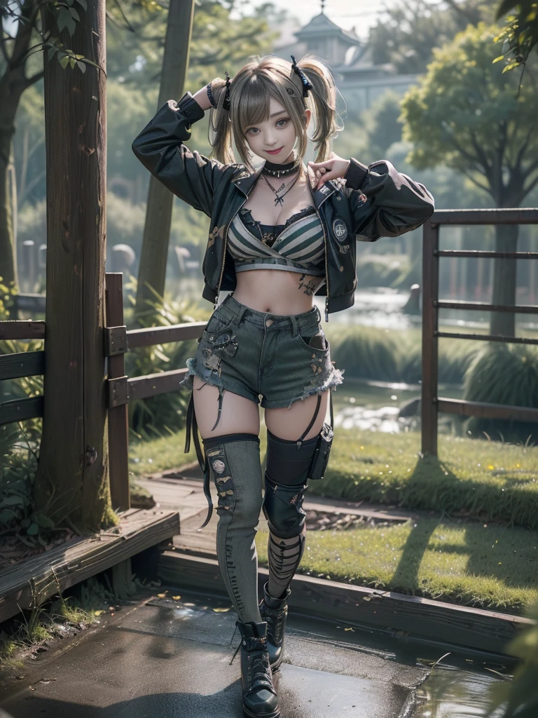 (Hostess:1.3)、(Smiling with teeth showing:1.3),(Shibuya Gal:1.5)、(Landmine Girl:1.4)、(Lolita Fashion:1.5)、(Punk RockVisual Kei:1.4)、(A modern short jacket in dark grey and moss green.:1.5)、(Tattered brown and charcoal denim low rise cargo pants:1.5)、(Mustard Yellow Headband:1.3)、(Charcoal and khaki striped knee socks:1.4)、collar、(Brown platform long boots)、(Clothing with logo pattern:1.4)、20-year-old、Browsing Caution,((Highest quality、In 8K、masterpiece:1.3))、Sharp focus:1.2、(Layered Cut、Huge breasts:1.1),Beautiful woman with perfect figure:1.4、(Doing an aerobics pose:1.3)、Slim Abs:1.2、Butt、Highly detailed face and skin texture、Fine grain、double eyelid,(Twin tails:1.3)、(Brownish golden hair:1.3)、Obscene、Idol Sculpture、(The landscape is a beautiful temple of water and forest:1.3)、(Slimming your legs:1.4)、(The body is slim:1.3)、(clavicle:1.1)