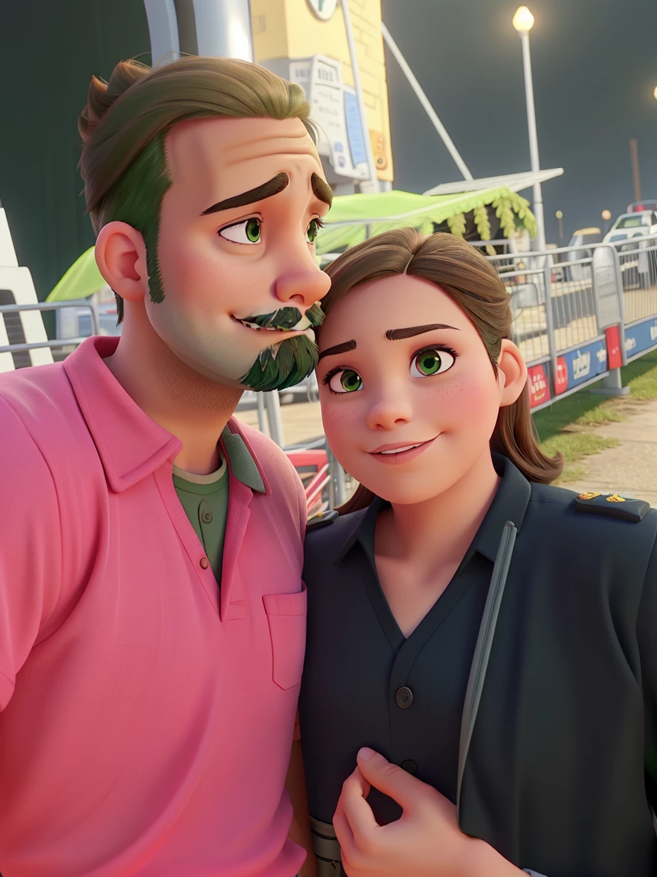 brunette woman. Bulldog, green dress. Man with uniform beard.