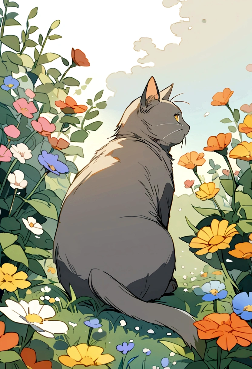 A gray-brown cat without a hind leg sitting in a field of flowers