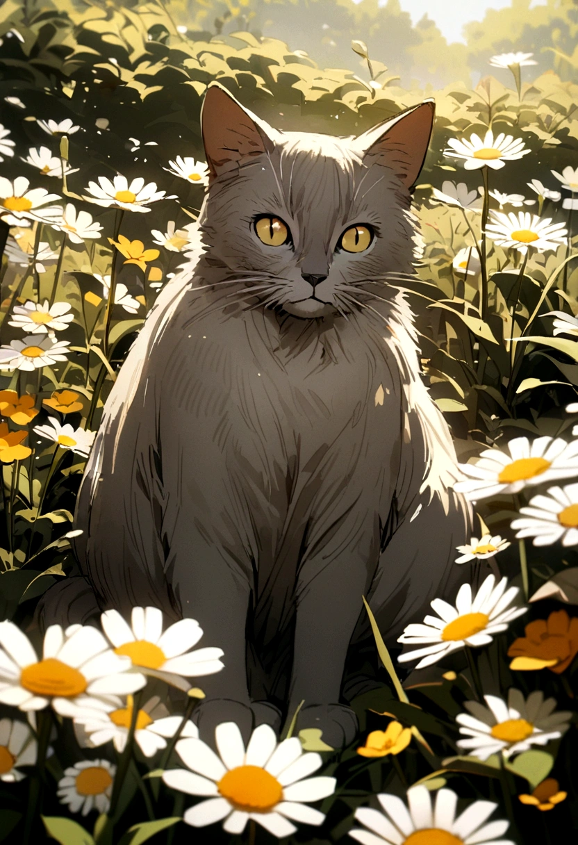A gray-brown cat without a hind leg sitting in a field of flowers