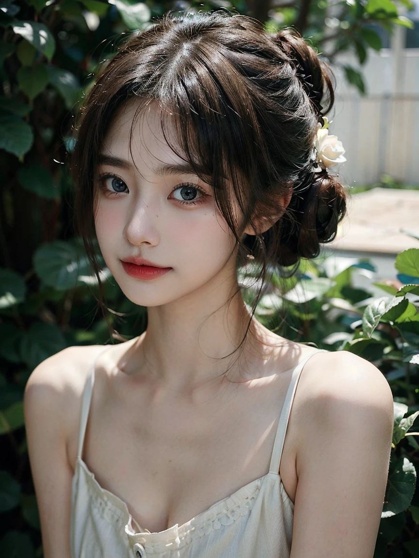 1girl, (looking at viewer:1.2), detail face, (a girl standing, rending on cgsociety, Rose bush backdrop), romanticism, atmospheric, (RAW photo, best quality), (realistic, photo-realistic:1.3), masterpiece, an extremely delicate and beautiful, extremely detailed, D cup，Cleavage，Translucent brown tube top 1.5）Hair in a bun，Small and delicate earrings，Exquisite eye details，Shy smile 1.5