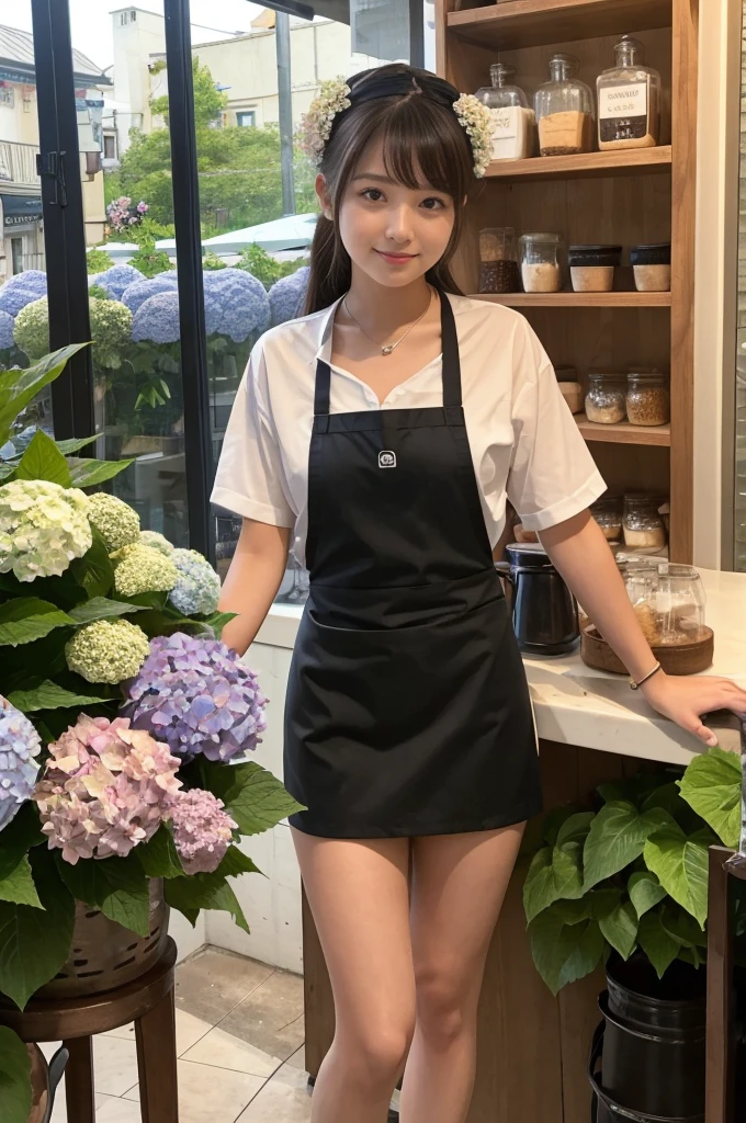 A 20-year-old girl working at a coffee shop decorated with hydrangeas(Wearing a miniskirt and apron)