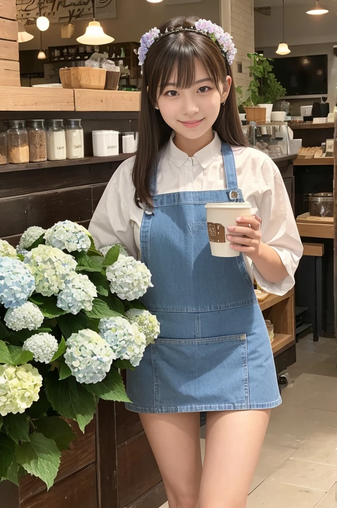 A 20-year-old girl working at a coffee shop decorated with hydrangeas(Wearing a miniskirt and apron)
