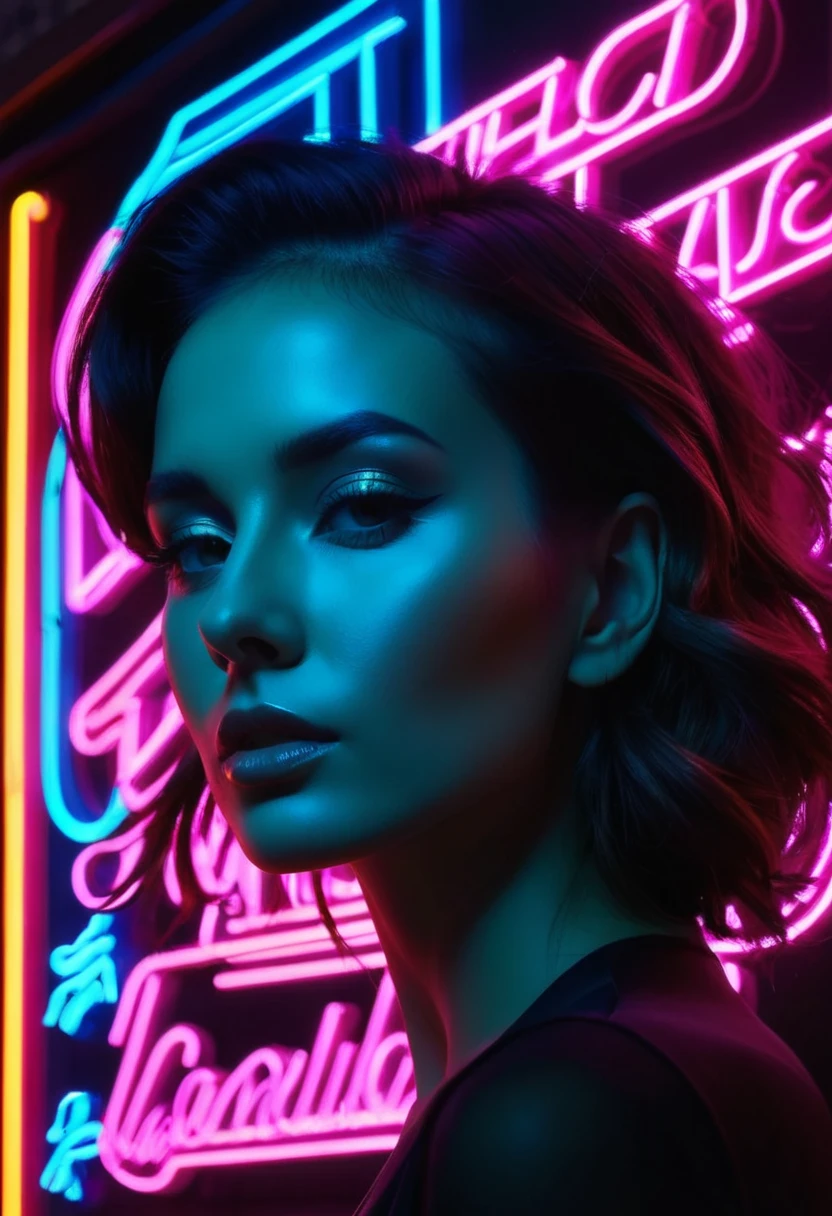 Side face silhouette,Shadow of beautiful woman under neon sign,Huge neon signboard,(Neon sign with text:1.5)