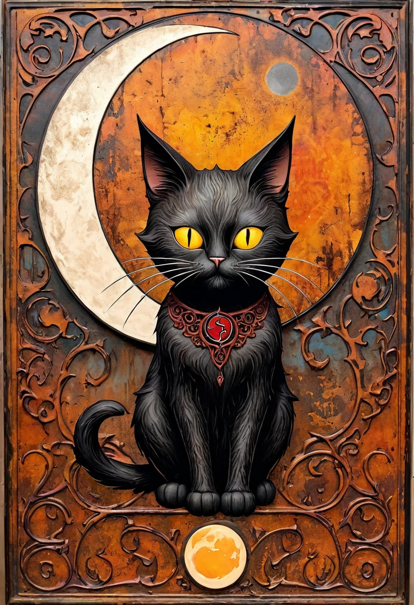 decorative rusty metal sign with a drawing of a satanic cat and a moon, artwork inspired by dave mcKean, vivid colors, intricate details, oil.
