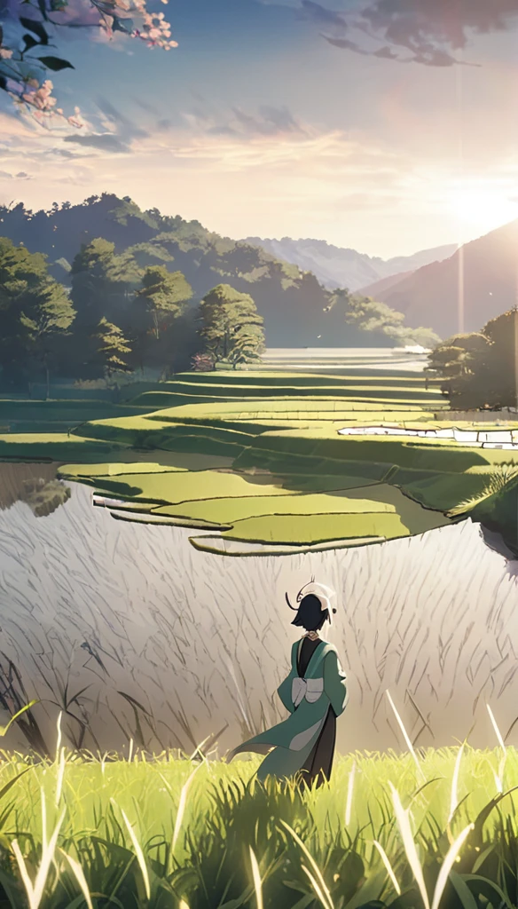 1man, elven ears, dark black hair, short fluffy hairstyle, glowing grey eyes, terraced rice paddy field, elegant thai clothes,