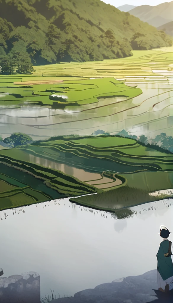 1man, elven ears, dark black hair, short fluffy hairstyle, glowing grey eyes, terraced rice paddy field, elegant thai clothes,