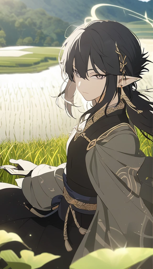 1man, elven ears, dark black hair, short fluffy hairstyle, glowing grey eyes, terraced rice paddy field, elegant thai clothes,
