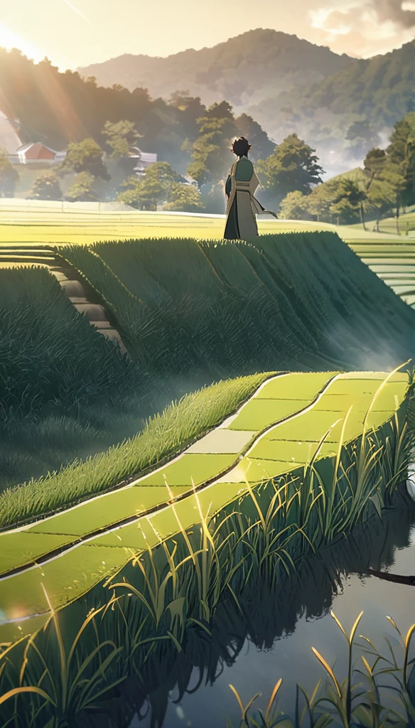 1man, elven ears, dark black hair, short fluffy hairstyle, glowing grey eyes, terraced rice paddy field, elegant thai clothes,