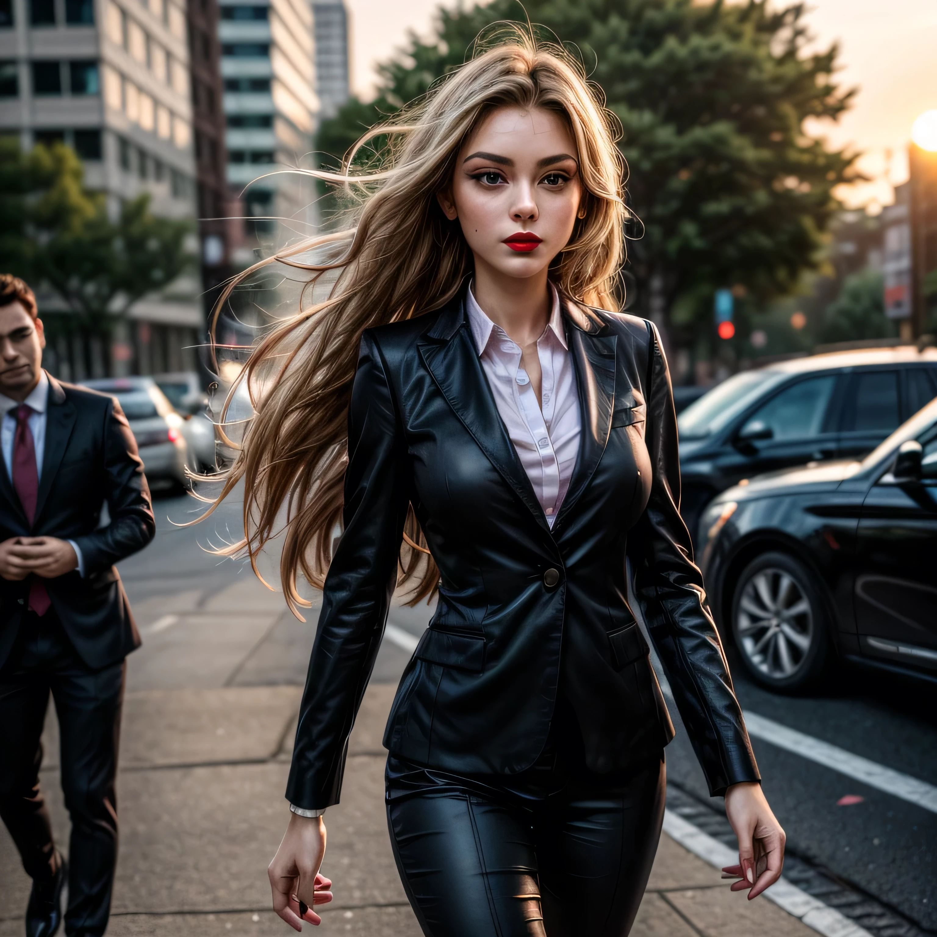 (masterpiece, photorealistic:1.4, extremely intricate:1.3, radiosity, photon mapping, dtx), ((nineteen female, teenage supermodel, ((business suit, black suit coat, pink silk men's business shirt, stepping to the side, serious, looking away, 19 years old, humid, bright red lips)), long eyelashes, makeup:1.3)), ((([skin detail:freckles:0.9]))), outdoor, park, faraway city, professional photograph girl, (long straight hair [blonde hair:dark hair:0.7], wind), BREAK ((sunset), bokeh, blurry background), BREAK, ((([medium breasts:large breasts:0.6])))