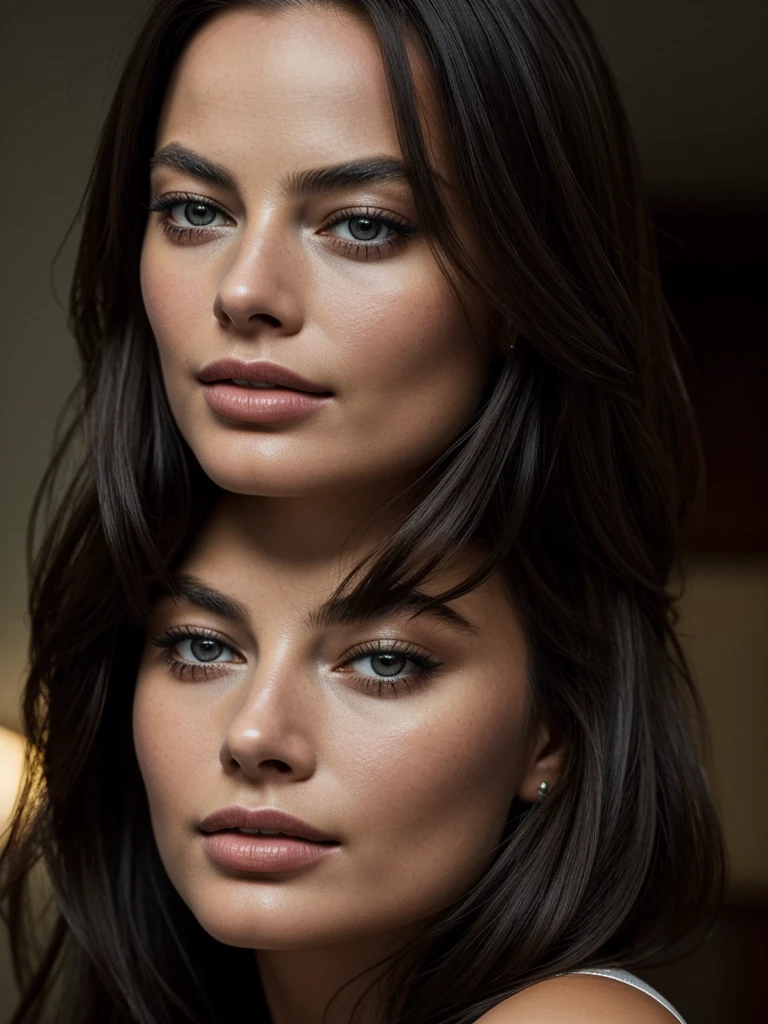 beautiful woman with long dark hair, similar to margot robbie, face in extremely detailed and high quality 4k, facing the camera, perfect lighting on her face, 4k, ultra-detailed nose and mouth 4k, photorealistic, masterpiece, high quality, extremely detailed, cinematic lighting, dramatic pose, elegant, sensual, center the image, Visual effects, Sound effects, Incredibly detailed and complex, hyper maximalist, elegant, hyper realistic, super detailed, woman posing for a photo, portrait, classy and elegant photo, photo taken from afar