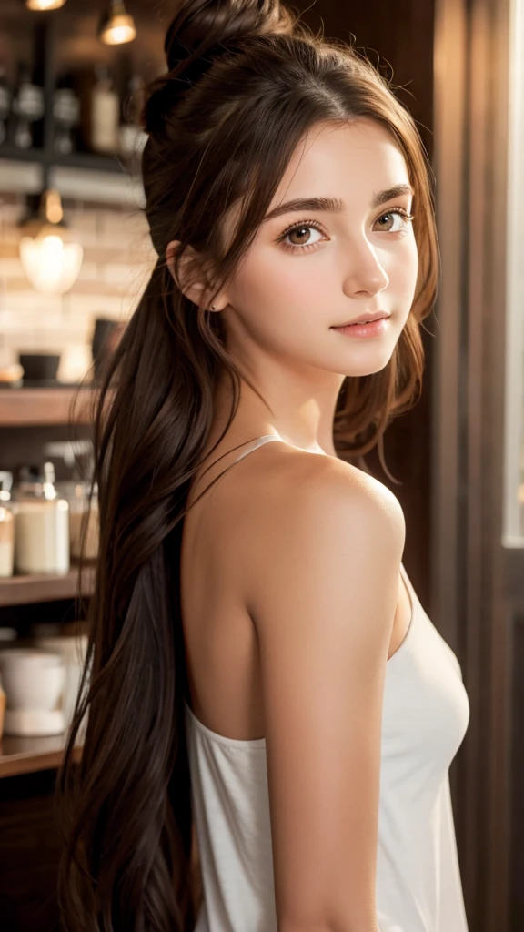 Tight black top:1.2, looking at the audience, Cinema lighting, perfect, soft light, High resolution skin:1.2, Realistic skin texture, 18 years old、a small face、No makeup，Off the shoulders，Bust e cup、brown eyes, bun, dark brown hair、Completely naked、coffee shop background、
