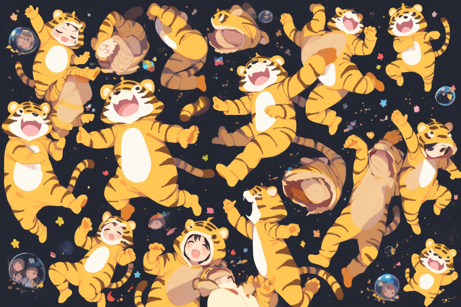 tiger kigurumi, jumping, (dancing), multiple views, tegaki