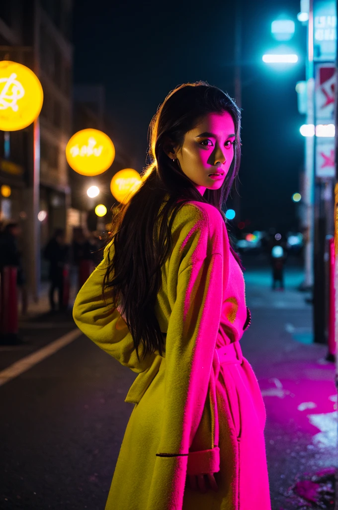 fashion portrait color photograph, woman, neon lights