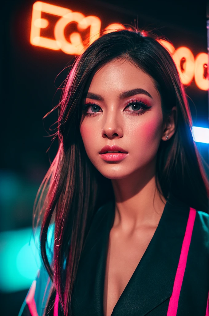 fashion portrait color photograph, woman, neon lights