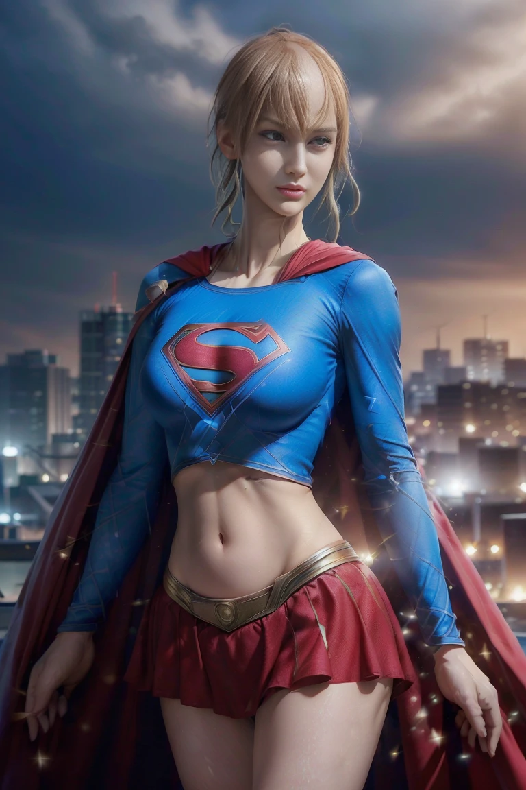 ((Highest quality)), ((masterpiece)), (Realistic details,Tabletop:1.0,High resolution:1.2,Realistic:1.4,8K, RAW Photos:1.2),((Very small breasted Japanese women:1.25)), Beautiful, symmetrical single eyelids:1.22,A simple and beautiful 28-year-old idol face with Ulzzang makeup:1.2,(Medium-short blonde hair with bangs:1.3),Thin and slightly pale eyebrows,(Detailed fair skin:1.2),(A rooftop with a night view:1.3),((Head-on cowboy shot:1.2),Spotlight:1.1,((shiny supergirl costume:1.2))),(Super tight and super short long sleeve blue Supergirl shirt:1.3), (Super tight and super short red super girl skirt:1.3), ((Very small breasts:1.65)),((Fine abdominal muscles:1.65)),((A well-trained, slender body:1.6)),(Short torso:1.3),(Broad shoulders:1.3),(Narrow waist:1.3),(Small Ass:1.2),(Muscular limbs:1.3),(Very thin thighs:1.4),(The groin is visible:1.2),(The hip bones are visible:1.2),