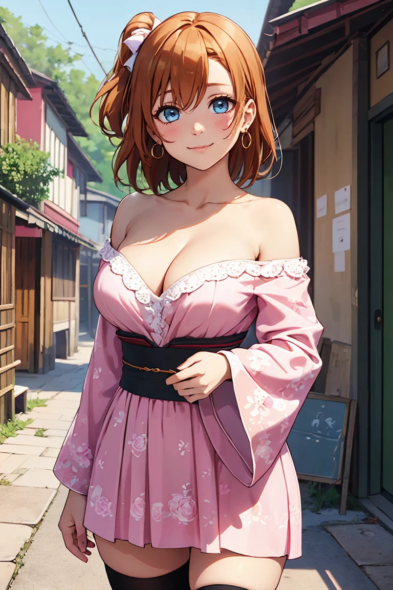 (Masterpiece, Best Quality, High Quality), professional artwork, well drawn, Intricate Details,solo,in village Kousaka honoka, afternoon , ultra detail hair, ultra detail face, perfect eyes, earring, Looking at Viewer, pink clothes , strapless,off shoulder kimono, cleavage, thighhighs, (thighs), thighs gap,dark orange hair , standing, smile 