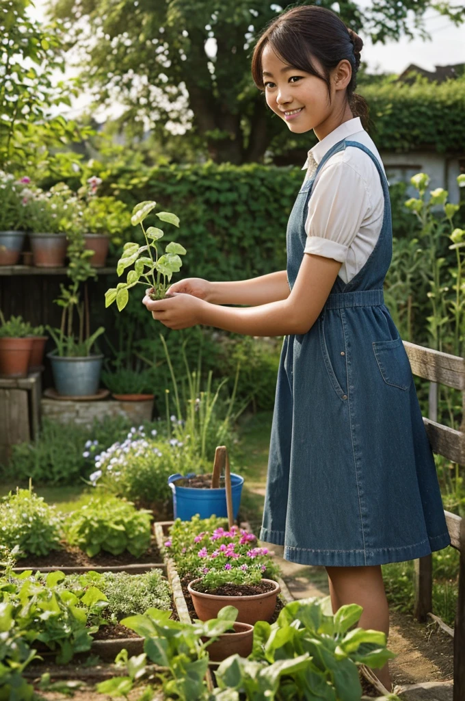Fade in to a picturesque countryside village.
- Camera pans to Trina, a young girl with a shy smile, tending to a garden.