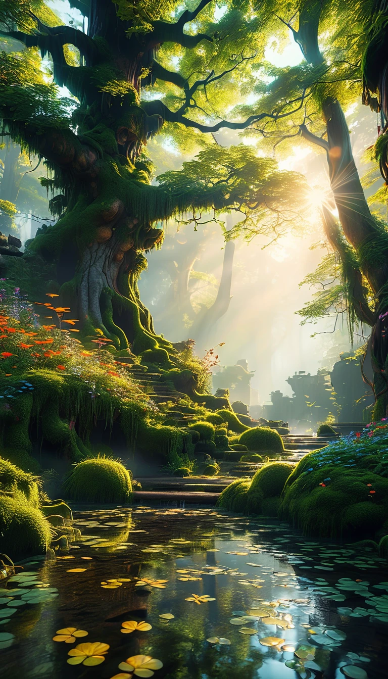 Create a stunning scene of an enchanted forest at dusk, Highly detailed digital art rendered in 4K and 8K resolution, Using Octane、Inspired by Studio Ghibli style. This concept art is sure to be a masterpiece of official illustration, Combining realism and the bizarre、Achieving the highest quality.

The landscape is a mysterious forest, Soft, Golden light of the setting sun. Ancient Tree々, The trunk was thick and gnarled., Stretch upwards, Forms a dense crown, Leaf ceiling. The forest floor is covered in a carpet of Moss and wildflowers, Vibrant colors that stand out in dark shadows.

In this magical environment, Glowing spheres float and dance, Calm, Mysterious glow. These will-o&#39;-the-wisp lights up hidden paths and secret glades., Add a sense of surprise and mystery. The light from the sphere creates complex patterns of light and shadow., Enhances the magical atmosphere of the forest.

There are small clearings scattered throughout the forest.、Ancient stone ruins remain。, covered in vines and Moss. These ruins hint at a forgotten civilization, Add a layer of intrigue and history to the scene. A delicate stream of water flows through the forest, The surface glitters in the fading light..

This composition is、Ancient Tree々It captures the interplay between the grandeur of the landscape and the delicate details of the plants and glowing spheres.。. The Octane rendering emphasizes the bark texture., Moss, and the ruins, An enchanted forest brought to life with stunning realism and fantasy.

Every element is crafted with the utmost care, From intricate leaves to mysterious glowing spheres, Create vivid and immersive experiences. This digital artwork is、It embodies the whimsical imagination and flawless composition of artists such as Hayao Miyazaki and Yoshiyuki Momose.。, A true masterpiece