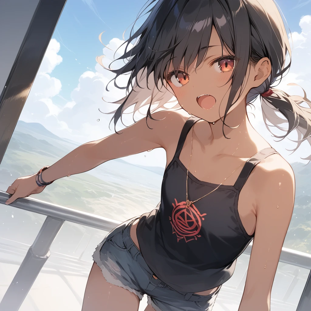 score_9, score_8_up, score_7_up, source_anime, best quality, masterpiece, official art, absurdres, highres, ultra-detailed,waifu2x,Collection: Slice of Life,break,1girl, tomboy, dark-skinned female, short hair, low ponytail, flat chest, beautiful detailed eyes, short shorts, sweat, open mouth, (yawn:0.3), sleepily, outdoors, wind, break,(clear line illustration:1.2),very high resolution, very aesthetic, super detailed skin, Best sexual lighting powered by famous artist, 8k,cute picture,beauty illustration,photoshop_(medium),,(Detailed Lighting),best anime 8k konachan wallpaper, pixiv contest winner,