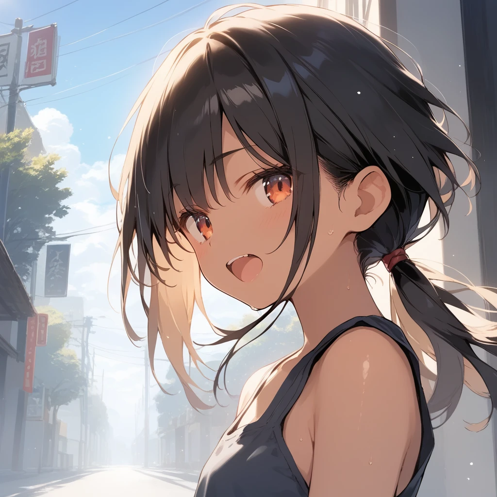 score_9, score_8_up, score_7_up, source_anime, best quality, masterpiece, official art, absurdres, highres, ultra-detailed,waifu2x,Collection: Slice of Life,break,1girl, tomboy, dark-skinned female, short hair, low ponytail, flat chest, beautiful detailed eyes, short shorts, sweat, open mouth, (yawn:0.3), sleepily, outdoors, wind, break,(clear line illustration:1.2),very high resolution, very aesthetic, super detailed skin, Best sexual lighting powered by famous artist, 8k,cute picture,beauty illustration,photoshop_(medium),,(Detailed Lighting),best anime 8k konachan wallpaper, pixiv contest winner,