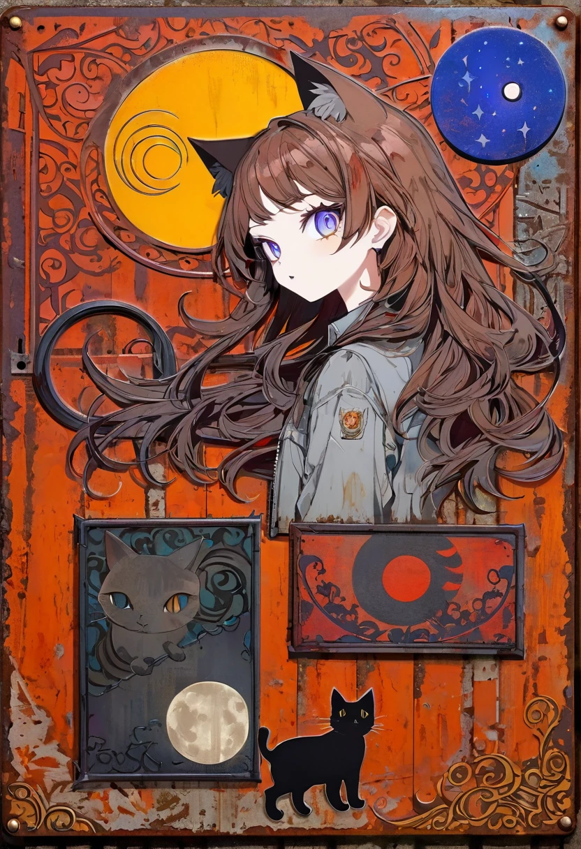decorative rusty metal sign with a drawing of a satanic cat and a moon, artwork inspired by dave mcKean, vivid colors, intricate details, oil.
