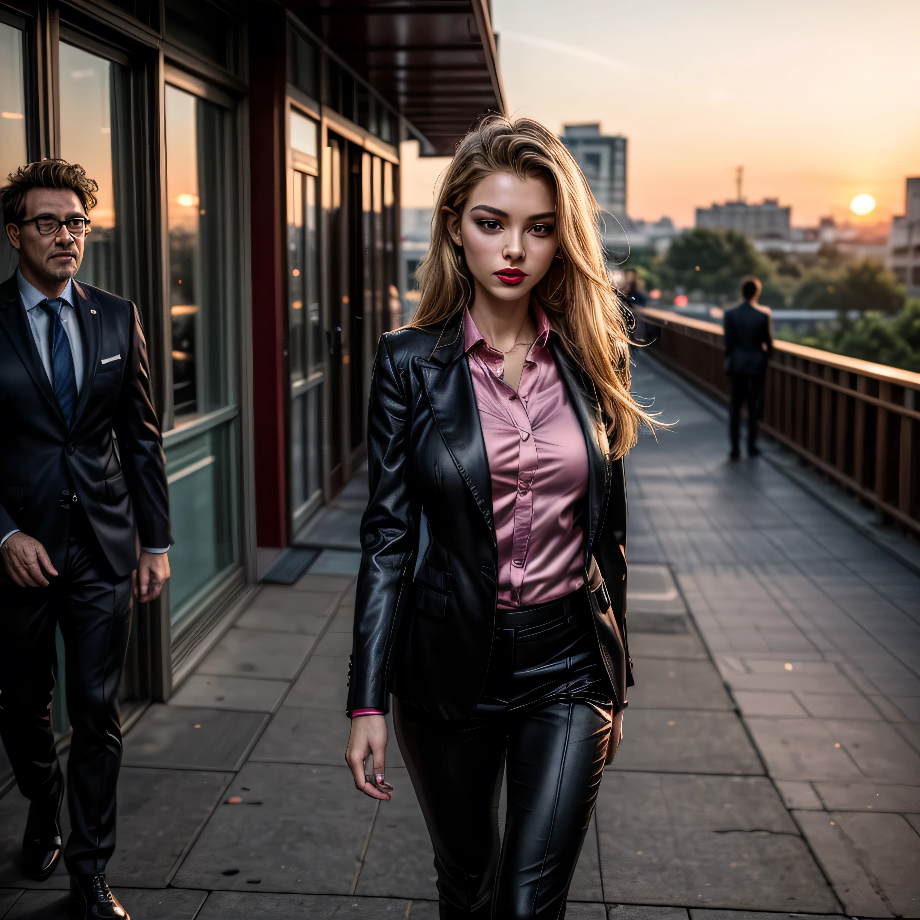 (masterpiece, photorealistic:1.4, extremely intricate:1.3, radiosity, photon mapping, dtx), ((nineteen female, teenage supermodel, ((business suit, black suit coat, pink silk men's business shirt, stepping to the side, serious, looking away, 19 years old, humid, bright red lips)), long eyelashes, makeup:1.3)), ((([skin detail:freckles:0.9]))), outdoor, park, faraway city, professional photograph girl, (long straight hair [blonde hair:dark hair:0.7], wind), BREAK ((sunset), bokeh, blurry background), BREAK, ((([medium breasts:large breasts:0.6])))