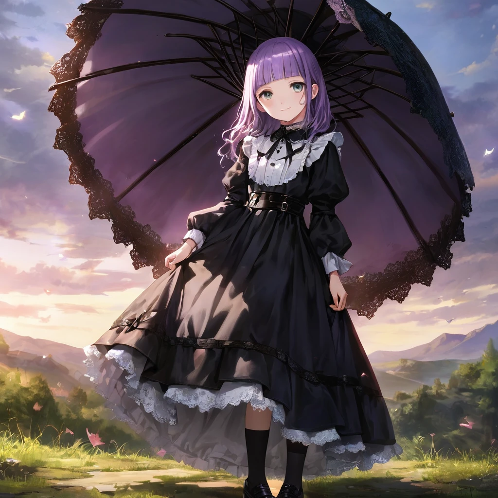 (Cute a girl:1.5), (masterpiece:1.3), anime visual, (Lovey-dovey:1.5), (tilt head:1.3), extremely delicate face, realistic lighting and shading, (an extremely delicate and beautiful art:1.3),15 years old,smiling,(pale purple wavy and blunt bangs hair,green and black eyes:1.5)from front,fullbody shot,full body shot,White brim, black gothic maid outfit, lace parasol, black knee-high socks, leather shoes, outdoors,