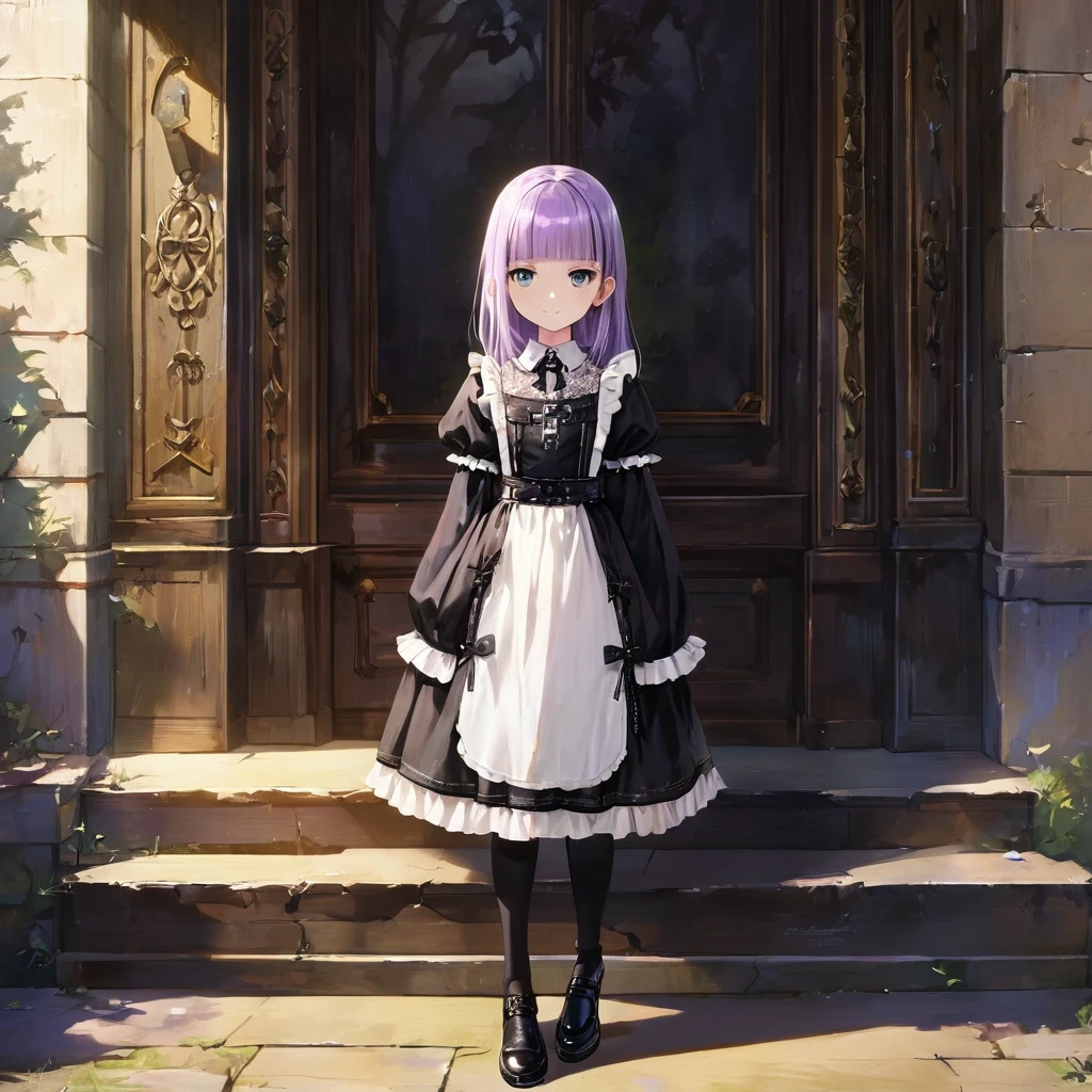 (Cute a girl:1.5), (masterpiece:1.3), anime visual, (Lovey-dovey:1.5), (tilt head:1.3), extremely delicate face, realistic lighting and shading, (an extremely delicate and beautiful art:1.3),15 years old,smiling,(pale purple wavy and blunt bangs hair,green and black eyes:1.5)from front,fullbody shot,full body shot,White brim, black gothic maid outfit, lace parasol, black knee-high socks, leather shoes, outdoors,