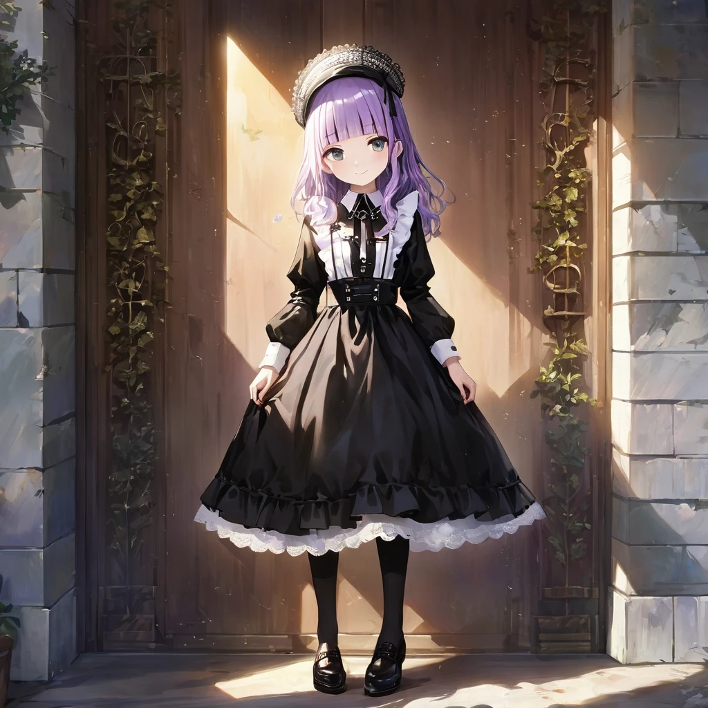 (Cute a girl:1.5), (masterpiece:1.3), anime visual,  (Lovey-dovey:1.5), (tilt head:1.3), extremely delicate face, realistic lighting and shading, (an extremely delicate and beautiful art:1.3),15 years old,smiling,(pale purple wavy and blunt bangs hair,green and black eyes:1.5)from front,fullbody shot,full body shot,White brim, black gothic maid outfit, lace parasol, black knee-high socks, leather shoes, outdoors,