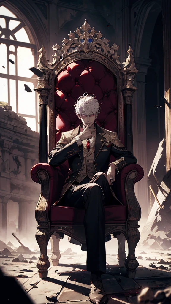 white haired, A red-eyed man sits on a majestic throne inside an abandoned palace. The environment around it is dark and gloomy,The throne is broken decorated, with details of gold and precious stones, and white ordinary outfit medieval. When he looks at the horizon with glowing red eyes, Masterpiece, Best Quality, Ultra-detailed, illustartion, concept art in 8K resolution, Fantasy art, epic art, concept art wallpaper 4k, Deep color, natural lighting