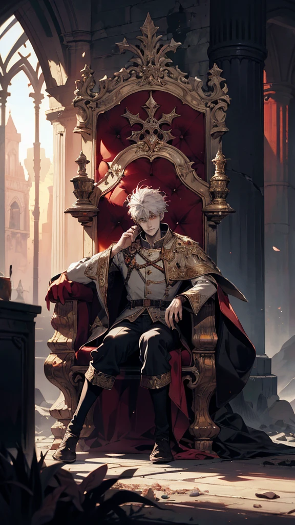 white haired, A red-eyed man sits on a majestic throne inside an abandoned palace. The environment around it is dark and gloomy,The throne is broken decorated, with details of gold and precious stones, and white ordinary outfit medieval. When he looks at the horizon with glowing red eyes, Masterpiece, Best Quality, Ultra-detailed, illustartion, concept art in 8K resolution, Fantasy art, epic art, concept art wallpaper 4k, Deep color, natural lighting