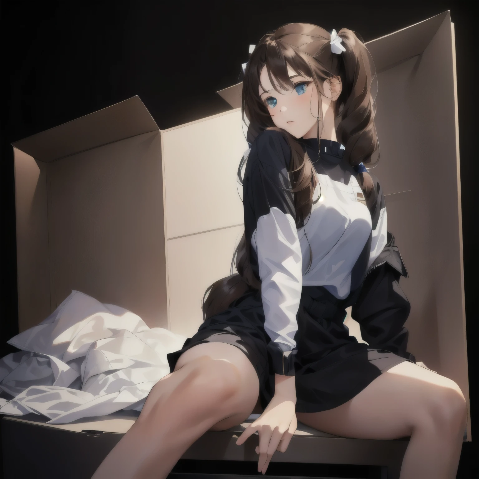 Girl, Brown Hair, Twin tails, Sit in the box, Put your hands between your legs, Plain black background, masterpiece, Highest quality, Highest quality