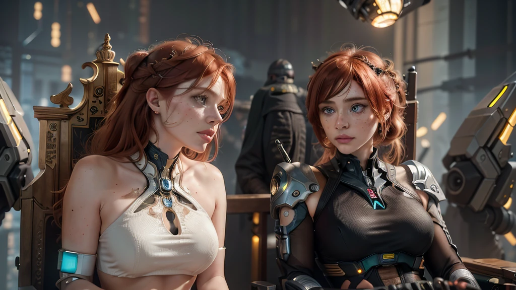 (Mix of Bryce Dallas Howard and Chistina Hendrix) inspired by Evangelion and Bumblebee from Transformers, He wears a cyber combat uniform,metal combat gloves with led lights, an absolute beauty,sitting on a throne made of scrap cyborg technology, pale skin, Messy red hair with long buns that falls over her chest in curls, goddess of extreme beauty, Skinny body, BIG BREASTS, whole body, Thighs, fit, ojos verdes Very detaileds, freckles in the face, freckled, strong powerful look,labios fit de fresa, detailed pink lips, very pretty girl,hyperdetailed painting, luminism, art by Carne Griffiths and Wadim Kashin conceptual art, dark background, abstract beauty, approaching perfection, pure form, golden ratio, minimalist, dark atmosphere, unfinished, conceptual art, intricate details, 8k post-production, high resolution, hyperdetailed, trend on Artstation, sharp focus, studio photo, intricate details, Very detailed, mecha