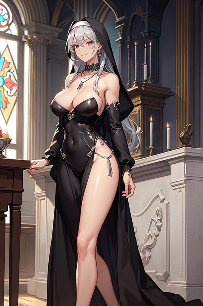 (masterpiece, very high quality, perfect anatomy, erotic, sexy) 1 woman, 25 years old, very tall, muscular, defined arms, defined abdomen, huge and muscular thighs, dark skin, huge breasts, high muscular definition, muscular, hair silver, medium height, amber eyes, dark skin, lots of tattoos (sexy nun outfit, silver jewelry, silver rings, necklace and silver) in a church in the background, slutty smile, flushed face, eyes shining with mischief, rape face, dark skin, dark skin, magic, silver light