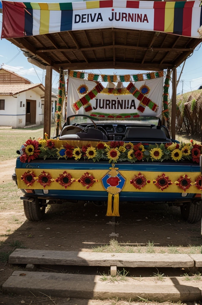 A banner with the Festa Junina theme written on it "Drives Arraiá" full of characteristic elements of São João 