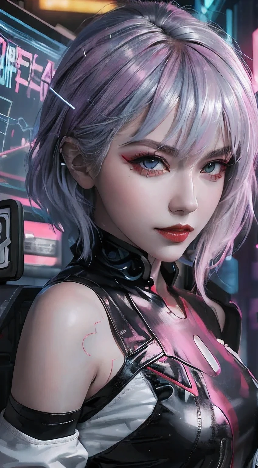 (Masterpiece, The best details), lucy_cyberpunk, (close up),1 Sweet Girl,short white hair, smooth,(Medium bust:1.5) ((red eyeliner)), ((put on makeup)),red lips, (White off-the-shoulder jacket), Black Bodysuit, bare shoulders, white shorts, hip vents, (Stand with your hand on your chin.), look at viewer, full body,Fantasy, high contrast,city scenery, neon light, ตัดneon light, ((cyberpunk)), (Enticing expressions, smile a little), low angle