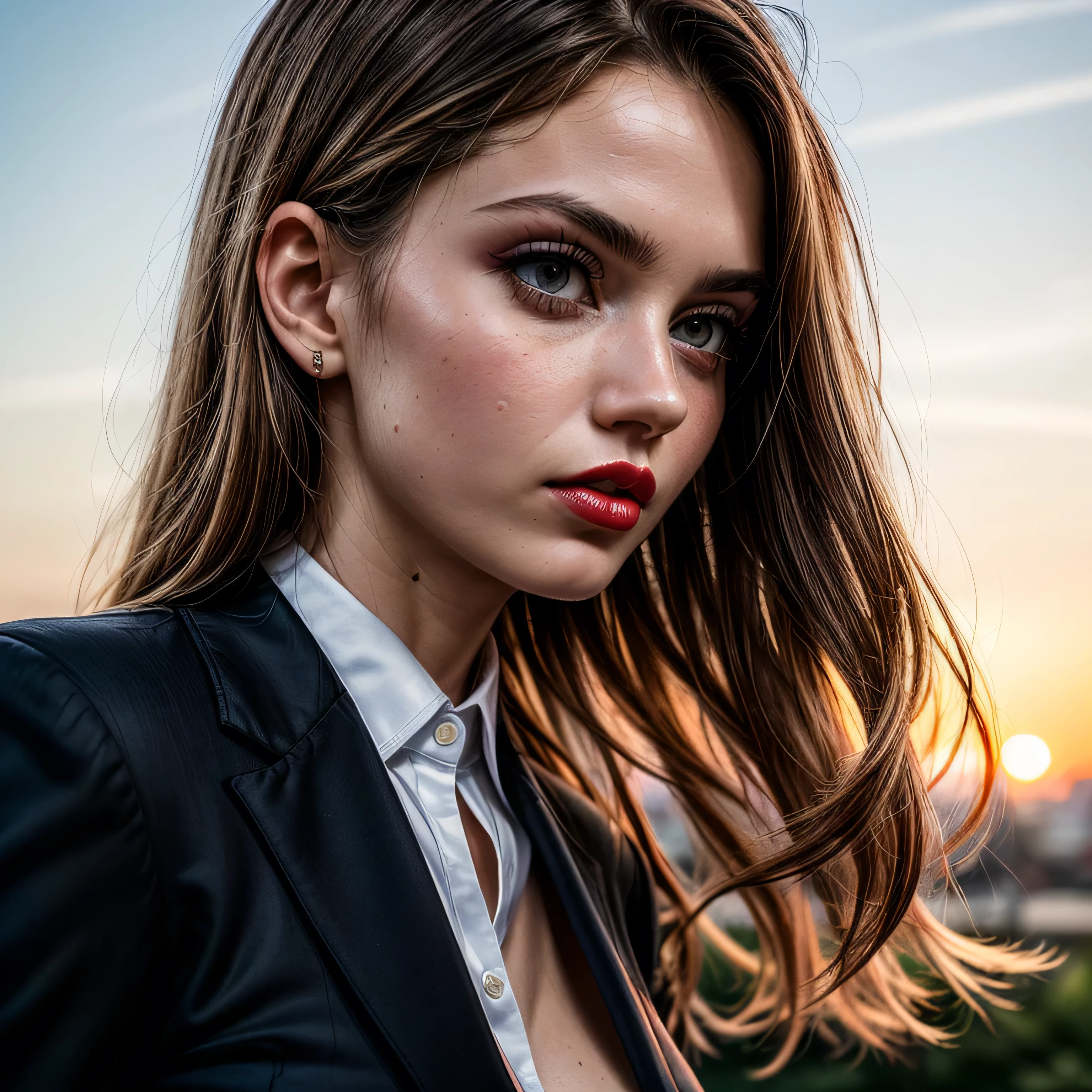 (masterpiece, photorealistic:1.4, extremely intricate:1.3, radiosity, photon mapping, dtx), ((nineteen female, teenage supermodel, ((business suit, black suit coat, pink silk men's business shirt, stepping to the side, serious, looking away, 19 years old, humid, bright red lips)), long eyelashes, makeup:1.3)), ((([skin detail:freckles:0.9], portrait, closeup))), outdoor, park, faraway city, professional photograph girl, (long straight hair [blonde hair:dark hair:0.7], wind), BREAK ((sunset), bokeh, blurry background), BREAK, ((([medium breasts:large breasts:0.6])))