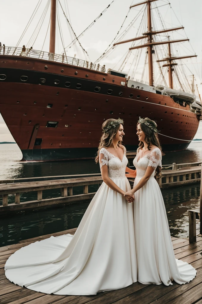 A couple of lovers wearing wedding dresses and crowns sail on a very large ship made of wood