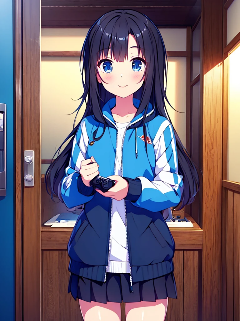 Masterpiece, hd, 2d, Alice, black hair, blue eyes, long hair, wear gaming Jacket black and blue , standing, indoor, smile, happy