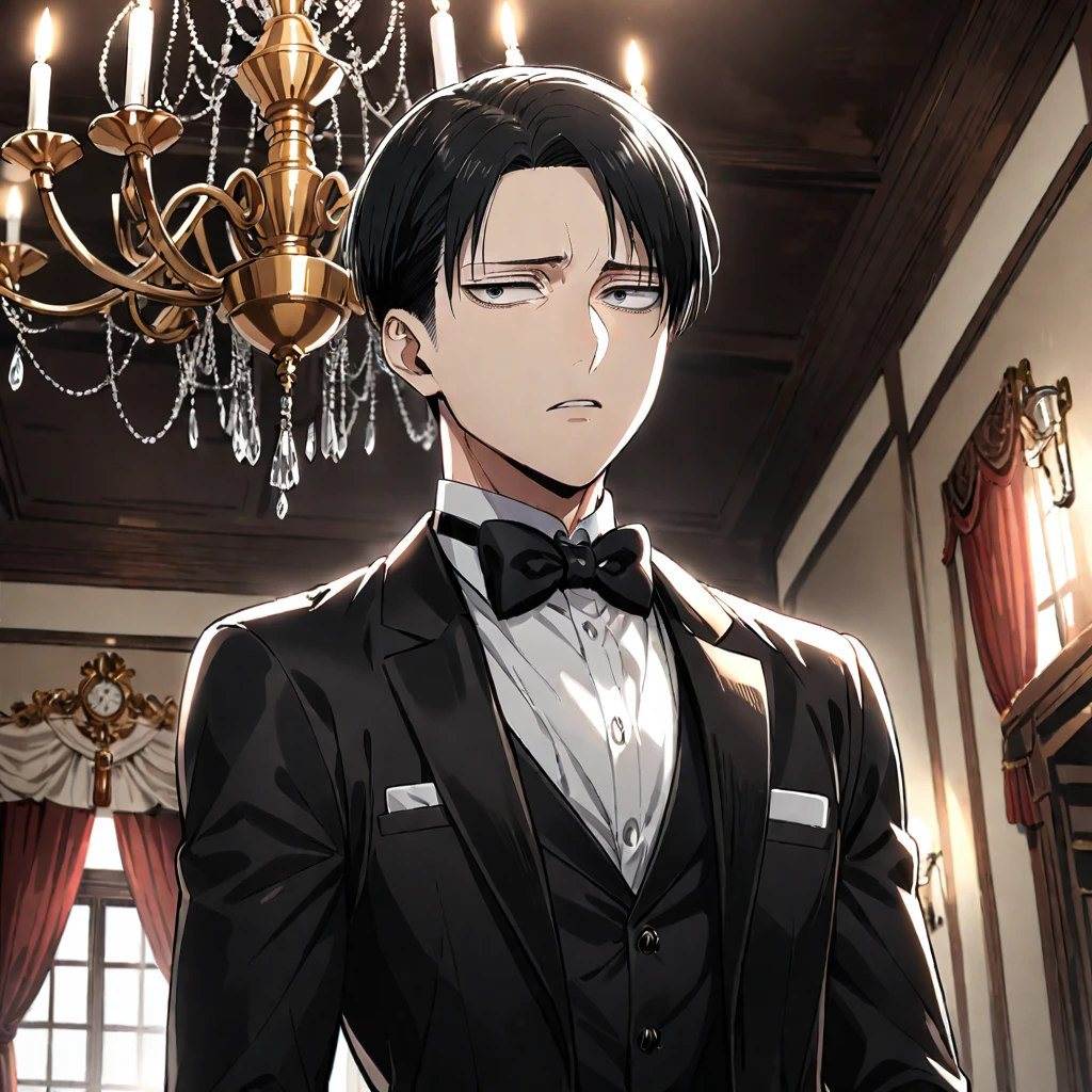 1boy, male focus, levi (shingeki no kyojin), solo, black hair, formal, curtained hair, bow, suit, bowtie, black bow, black eyes, indoors, chandelier, ((medium quality)), ((medium quality))